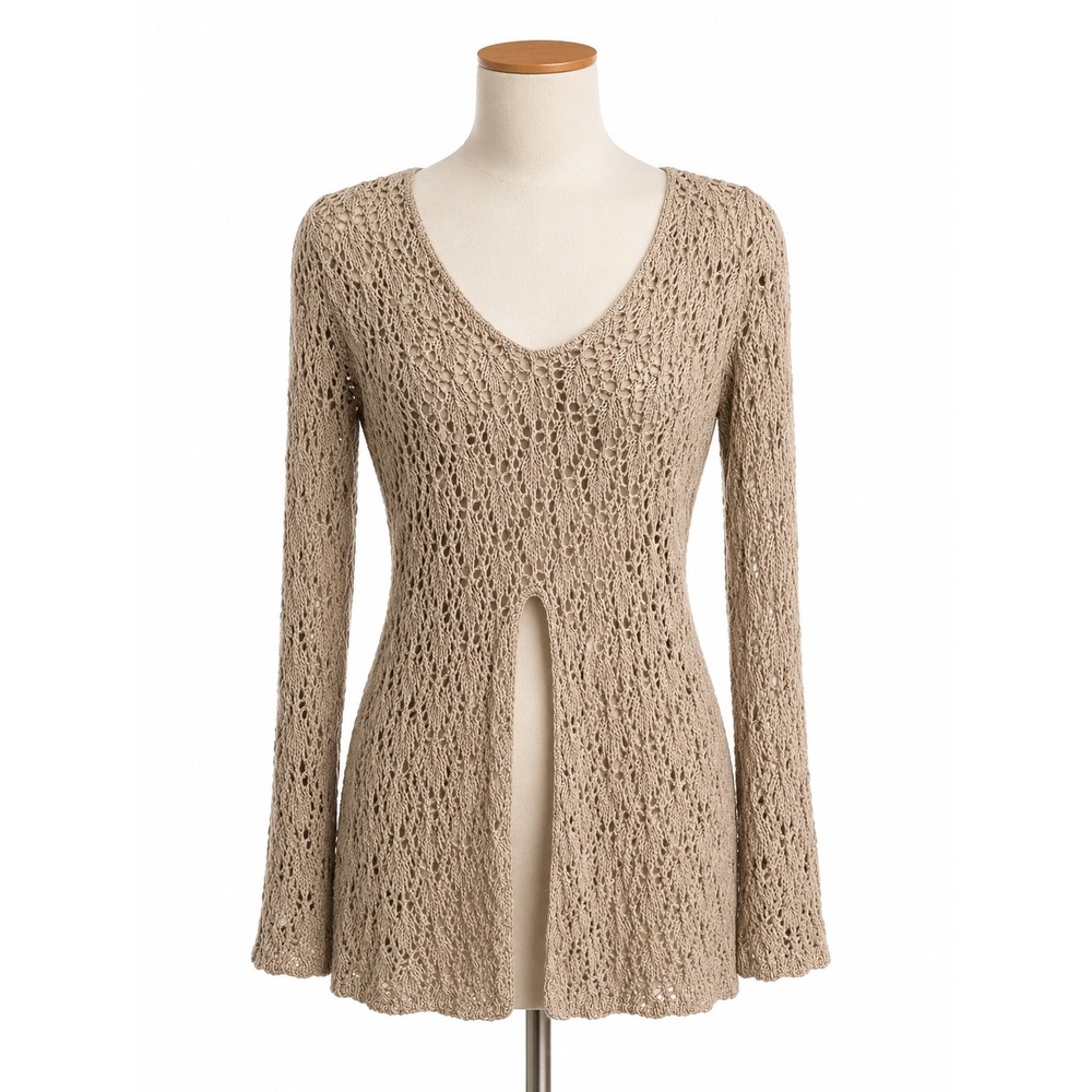 American Attitudes Tan Crochet Knit Long Sleeve Scoop Neck Front Slit Sweater